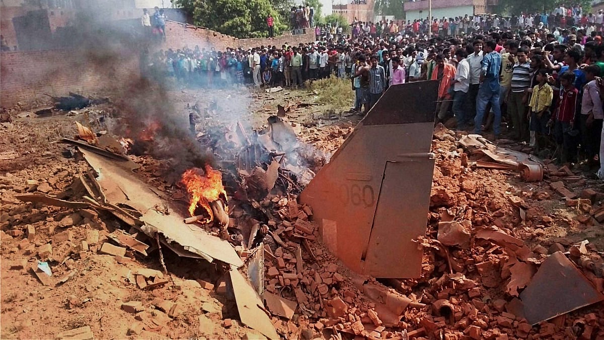 Indian Air Force’s Jaguar jet at the crash site. (Photo: PTI)