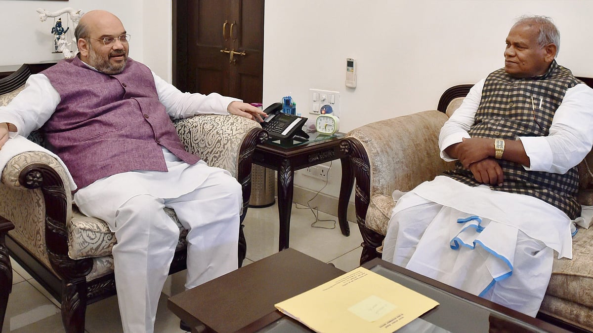 Former Bihar Chief Minister and Chief of Hindustani Awam Morcha (HAM) Jitan Ram Manjhi meets Bharatiya Janata Party (BJP) President Amit Shah in New Delhi on Thursday.&nbsp; (Photo: PTI)