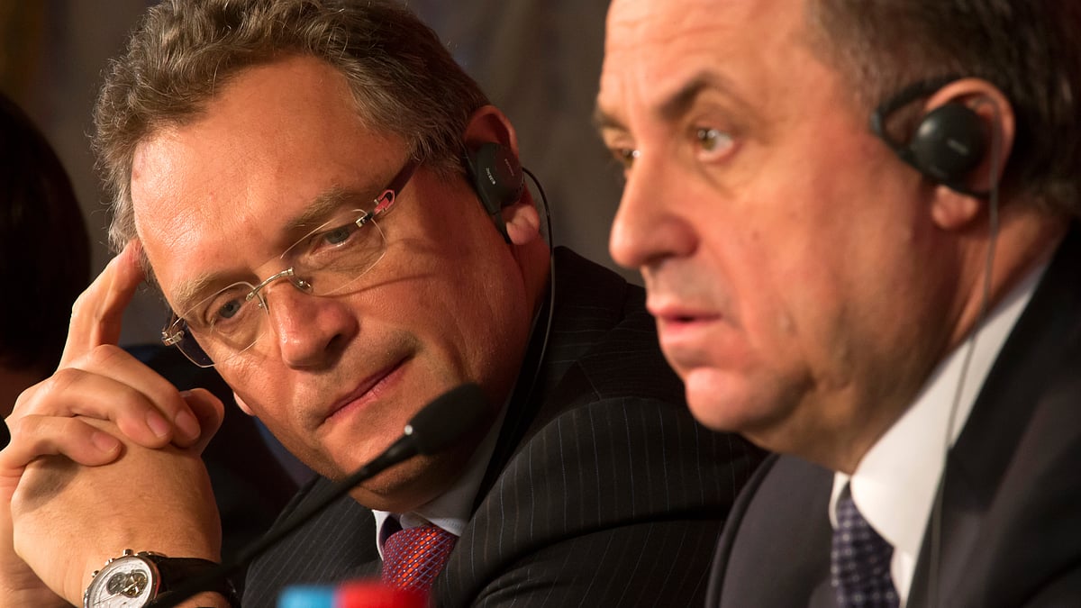 FIFA Secretary General Jerome Valcke (left) attends a press conference in St.Petersburg, Russia. (Photo: AP)