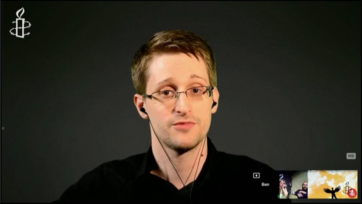 Edward Snowden made a video link appearance in London. (Photo: AP Screengrab)