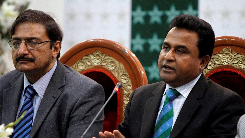 File picture of Bangladesh Cricket Board President Mustafa Kamal, right,  during a press conference in Lahore, Pakistan. (File&nbsp;Photo: PTI)