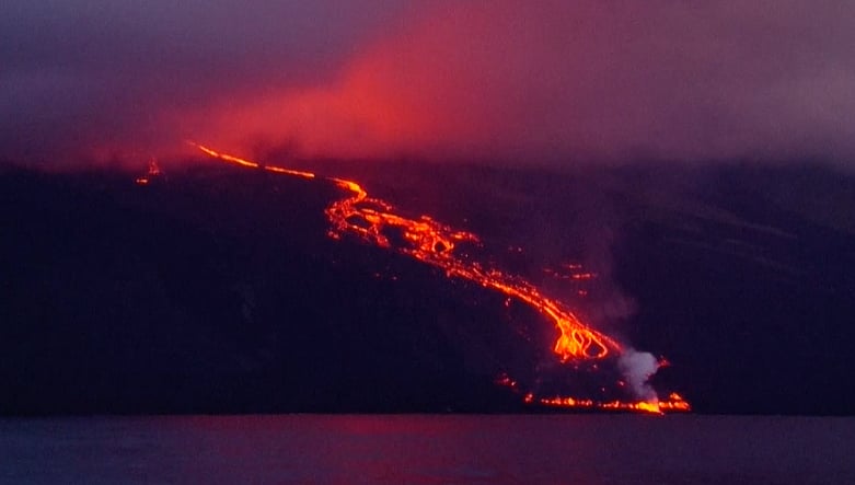 Wolf Volcano lava boiling into the ocean waters in Ecuador.