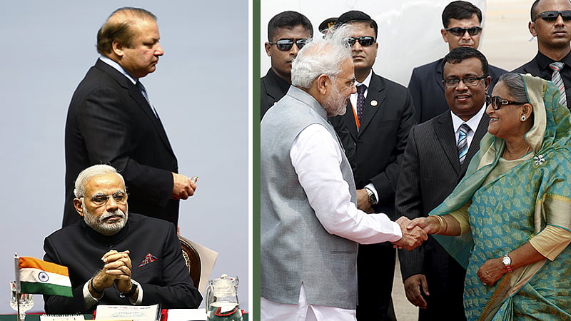 Prime Minister Narendra Modi with his Pakistani counterpart Nawaz Sharif (L); PM Modi with his Bangladeshi counterpart Sheikh Hasina in Dhaka (R).