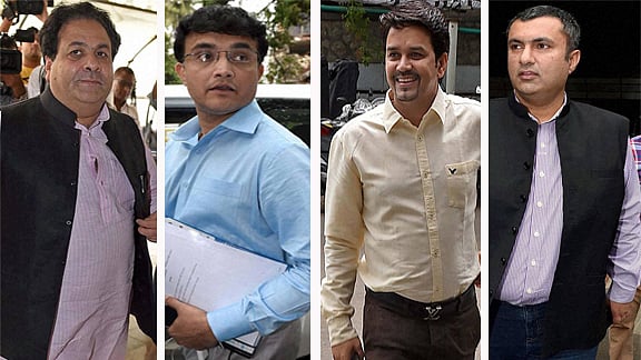 IPL governing council chairman Rajeev Shukla, member, Sourav Ganguly, BCCI secretary Anurag Thakur and treasurer Anirudh Chaudhary arriving for the IPL governing council meeting in Mumbai on Sunday. (Photo: PTI)