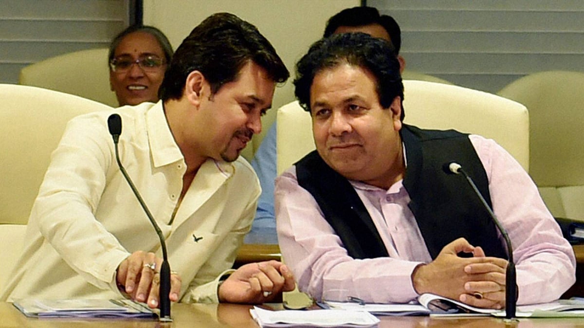 BCCI secretary Anurag Thakur along with IPL governing council chairman RajIv Shukla at the IPL governing council meeting in Mumbai on Sunday. (Photo: PTI)