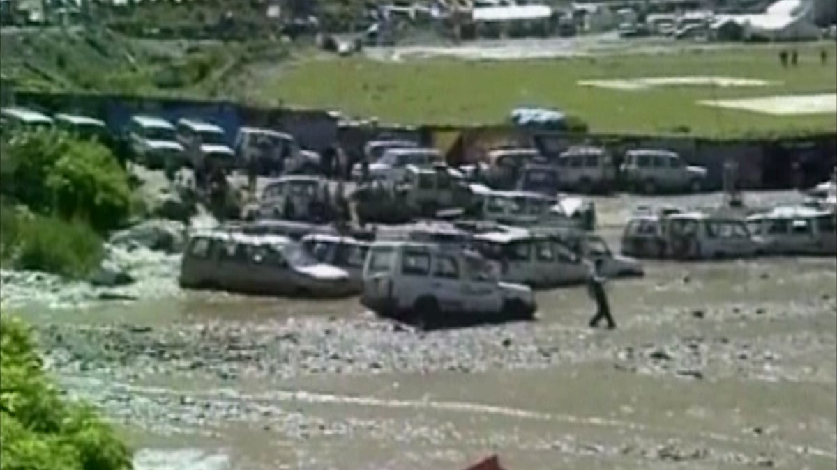 Debris cover the whole area near the Baltal Camp of Amarnath Yatra after the cloudburst. (Photo: Screengrab ANI)