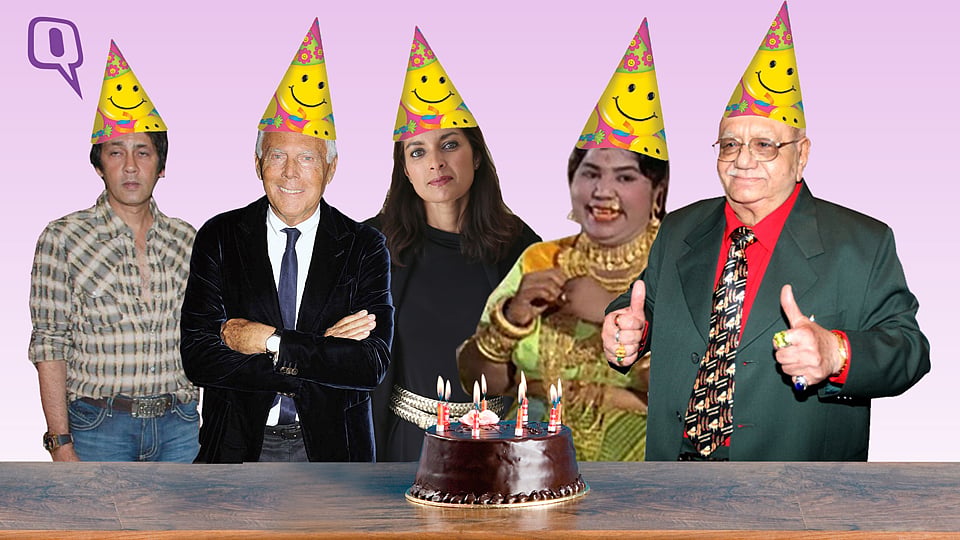 Happy birthday (L-R) Kumar Gaurav, Giorgio Armani, Jhumpa Lahiri, Tun Tun and Bejan Daruwalla. (Photo: The image has been altered by <i>The Quint</i>)