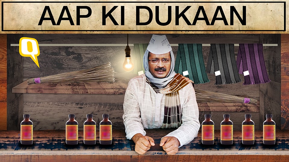 Arvind Kejriwal has opened an AAP ki Dukaan to earn some money for Aam Aadami Party. (The image has been altered by <i>The Quint</i>)