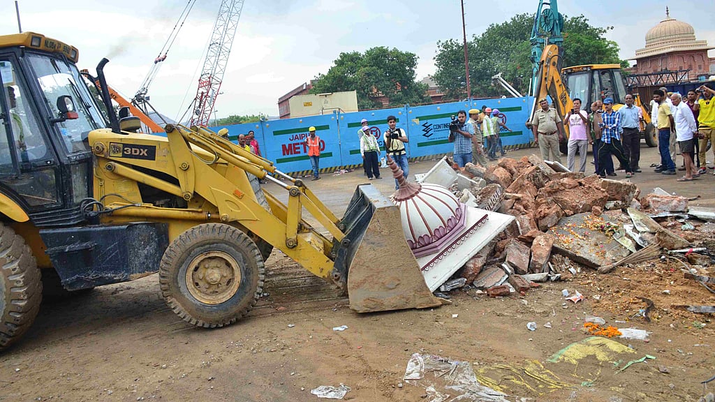 The remains of a demolished temple at Chhoti Chaupar. The temple is being relocated to make way for a metro station. (Photo: Surendra Jain Paras)
