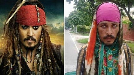 (L) Johnny Depp as Captain Jack Sparrow from Pirates of the Caribbean and (R) the rickshaw puller in Delhi, India.