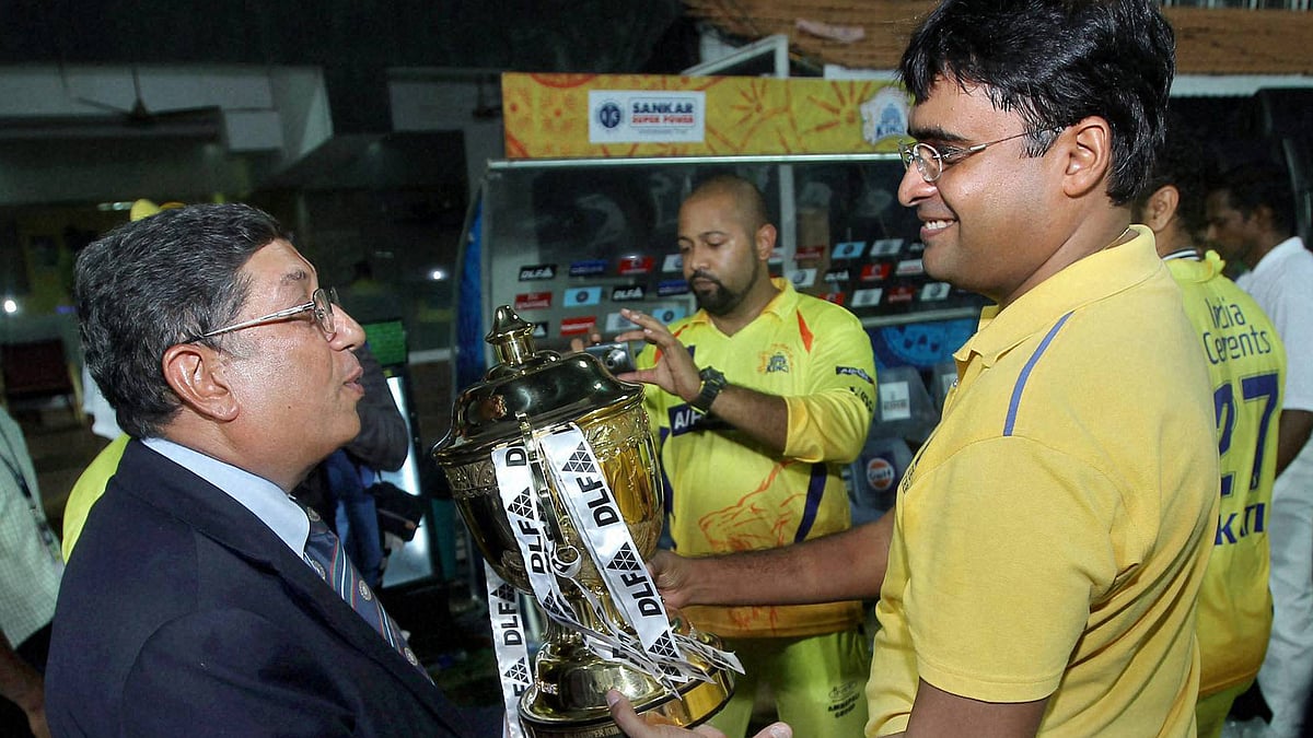 Former board president N Srinivasan (L) with his son-in-law Gurunath Meiyappan who was banned from cricket by the Lodha Committee for placing bets on IPL matches.
