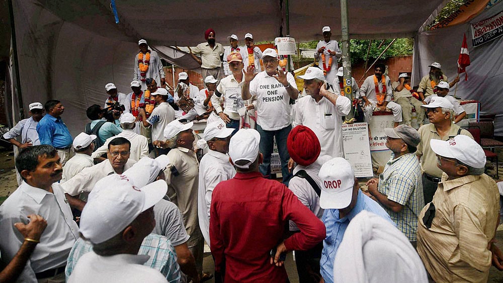 Ex-servicemen during their agitation for “One Rank One Pension” at Jantar Mantar in New Delhi. 