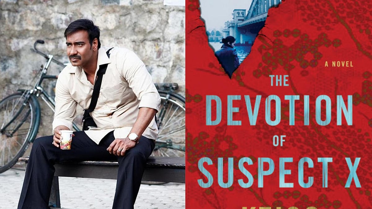 Ajay Devgn in <i>Drishyam </i>and the book cover of <i>The Devotion of Suspect X</i>