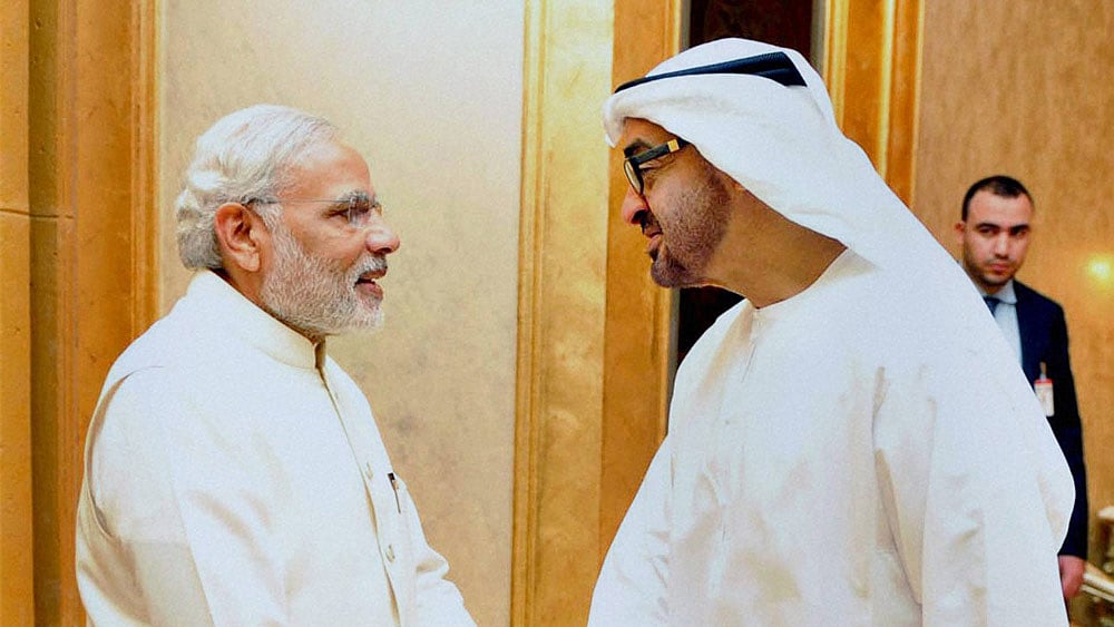 File photo of Prime Minister Narendra Modi with the Crown Prince of Abu Dhabi, Sheikh Mohammed bin Zayed Al Nahyan at a meeting in Abu Dhabi.