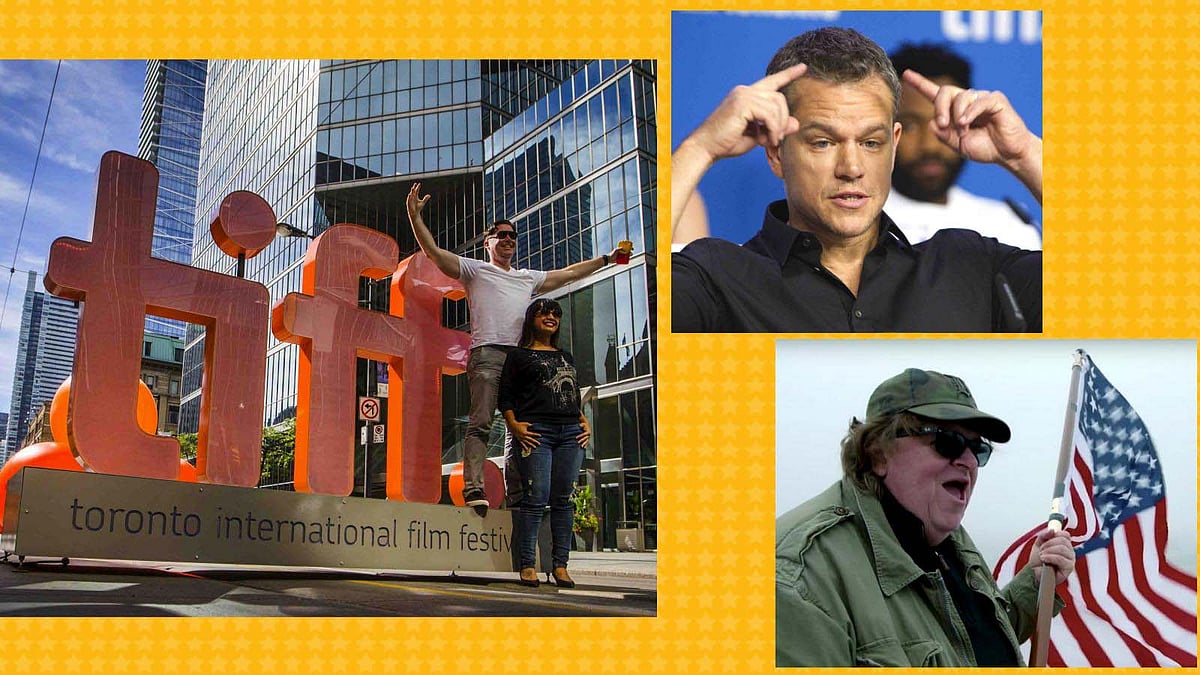 The venue of the Toronto International Film Festival (L) and Matt Damon (Top Right) (Photos: Reuters); Michael Moore in <i>Where To Invade Next</i>