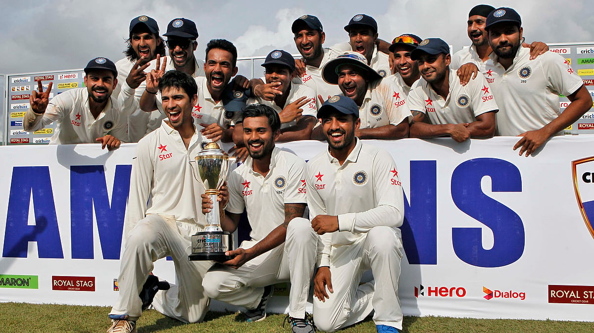 The Indian Cricket team with the trophy after winning the series against Sri Lanka 2-1 at Colombo on Tuesday. (Photo: AP)