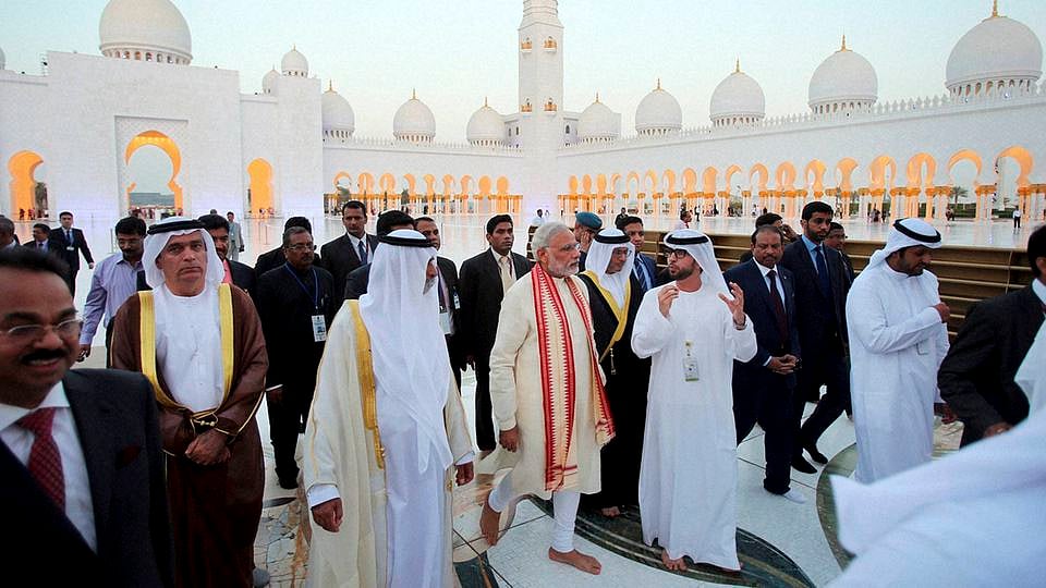 Narendra Modi with Sheikh Hamdan bin Mubarak Al Nahyan, at the Sheikh Zayed Grand Mosque on the first day of his two-day visit to the UAE. (Photo: PTI) 