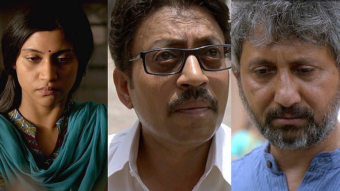 Konkona Sensharma, Irrfan Khan and Neeraj Kabi on a publicity still from <i>Talvar</i>