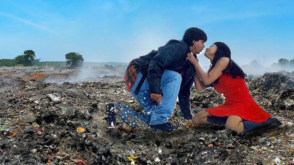 Shah Rukh Khan and Kajol in <i>Dilwale Dulhania Le Jayenge</i>. (Design: Shaily Gupta)