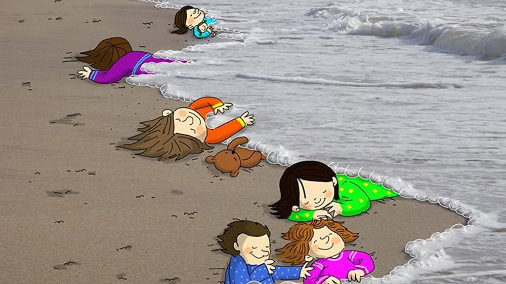 Mahnaz Yazdani’s tribute to Aylan Kurdi. (Photo: Facebook/<a href="http://https://www.facebook.com/ainazcartoon/photos/a.1526963024192860.1073741832.1454317661457397/1526963090859520/?type=1">Mahnaz Yazdani</a>)