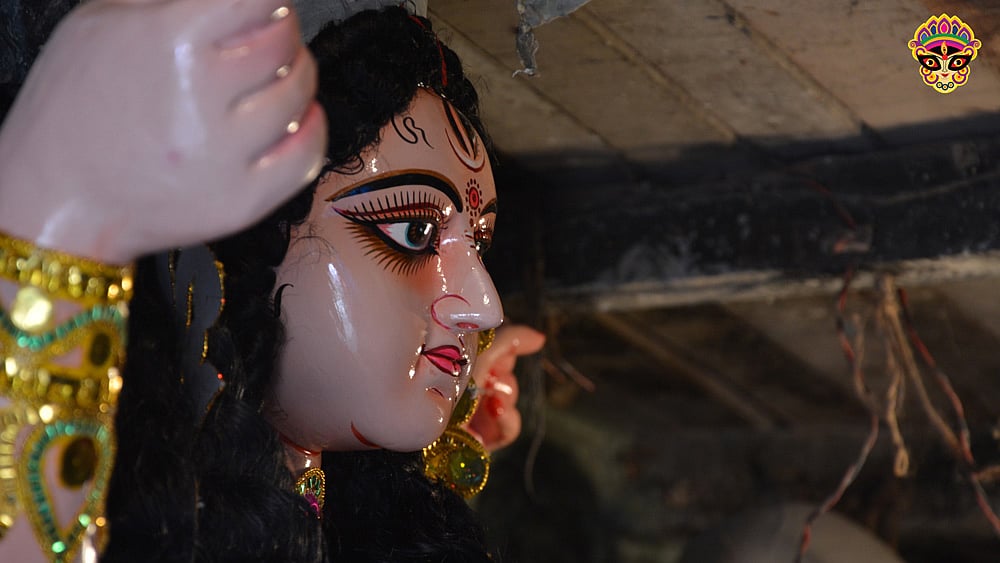 A finished clay image of Mother Durga at Kumartuli, which will soon be shipped off to a pandal. (Photo Courtesy: Mahima Varma)