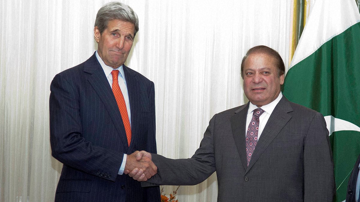 US Secretary of State John Kerry shakes hands with Pakistani Prime Minister Nawaz Sharif during their meeting at  Blair House in Washington on Wednesday, 21 October  2015. (Photo: PTI)