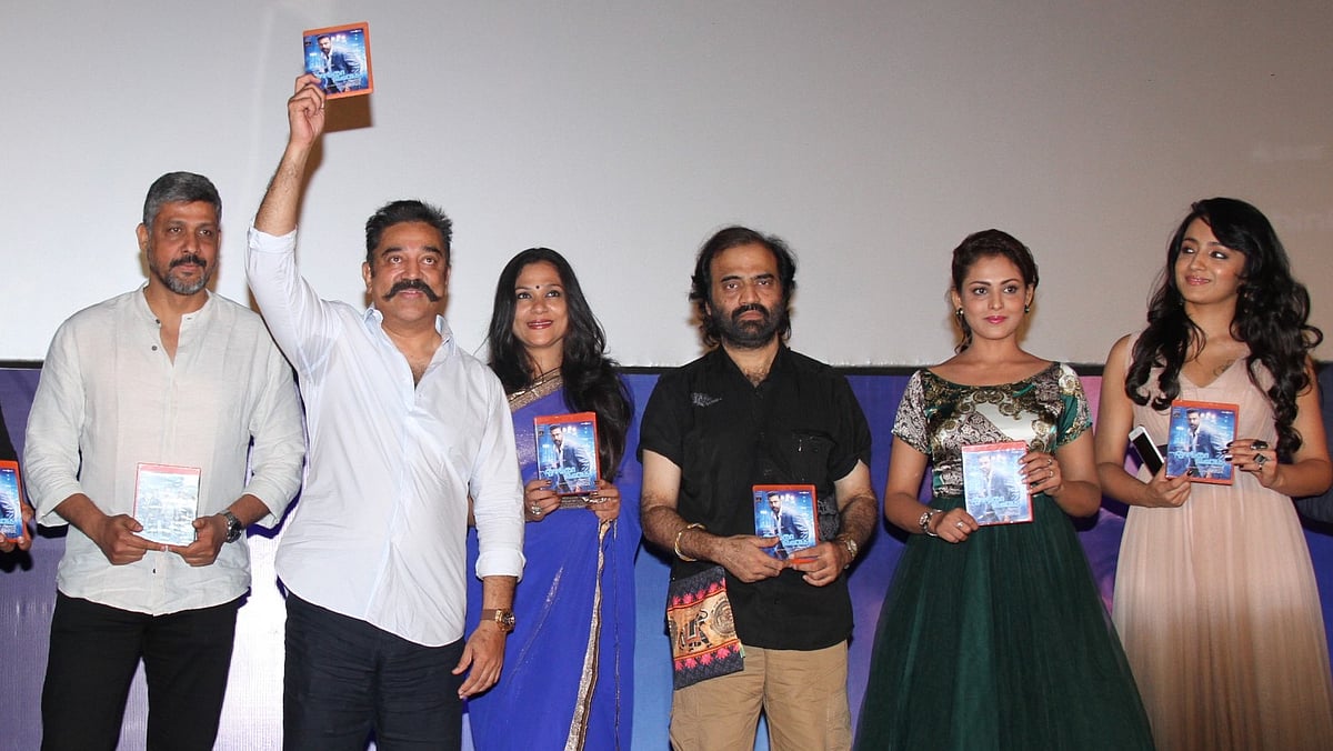 Kamal Haasan with his team of <i>Thoongavanam </i>at the the audio launch in Chennai
