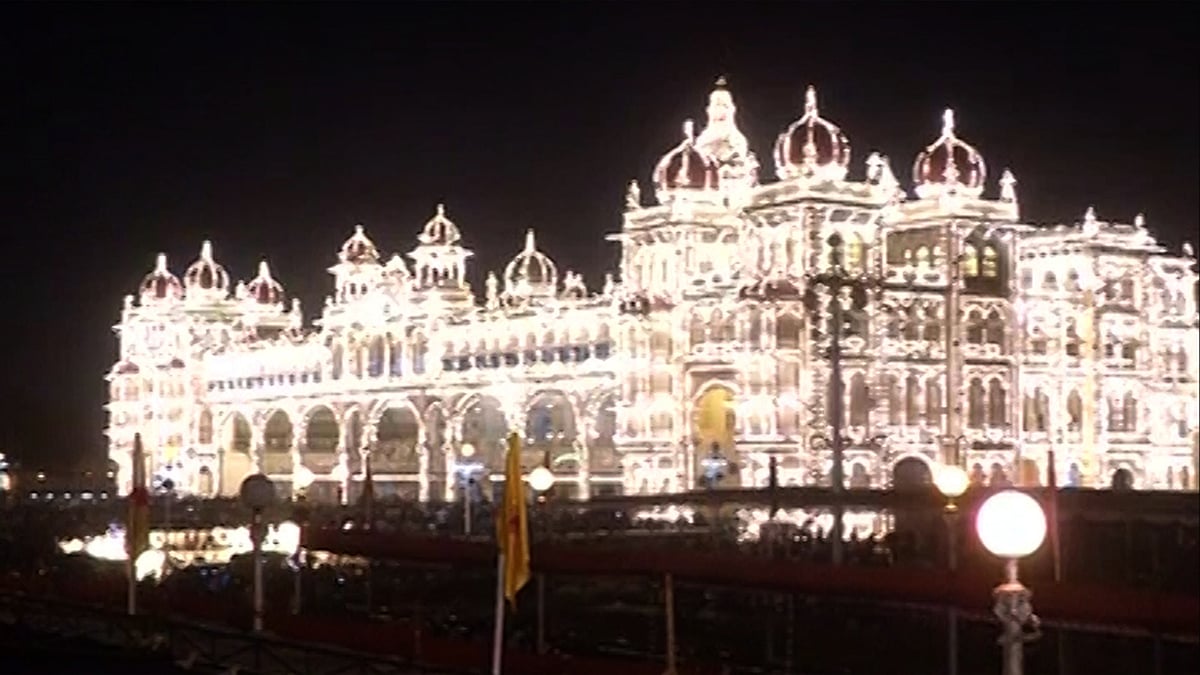 The illuminated Mysore Palace as part of the culmination of the 10 day long Dasara festival. (Photo: ANI screengrab)