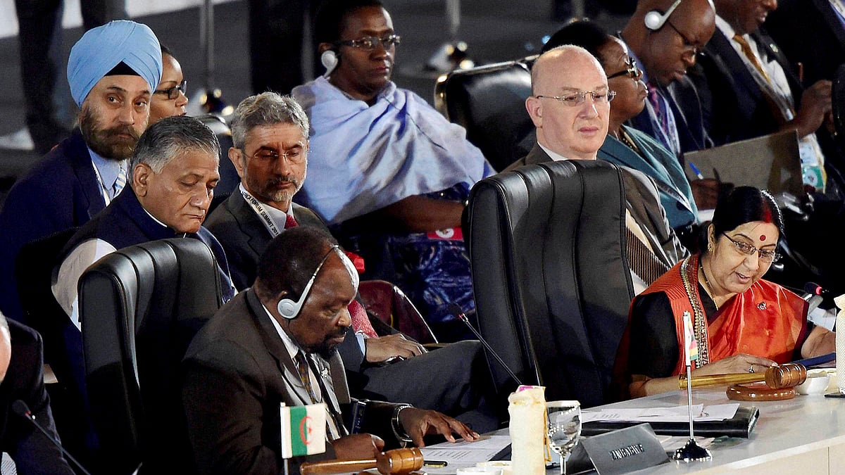 External Affairs Minister Sushma Swaraj during her address at the India-Africa Summit in New Delhi on Tuesday. (Photo: PTI)