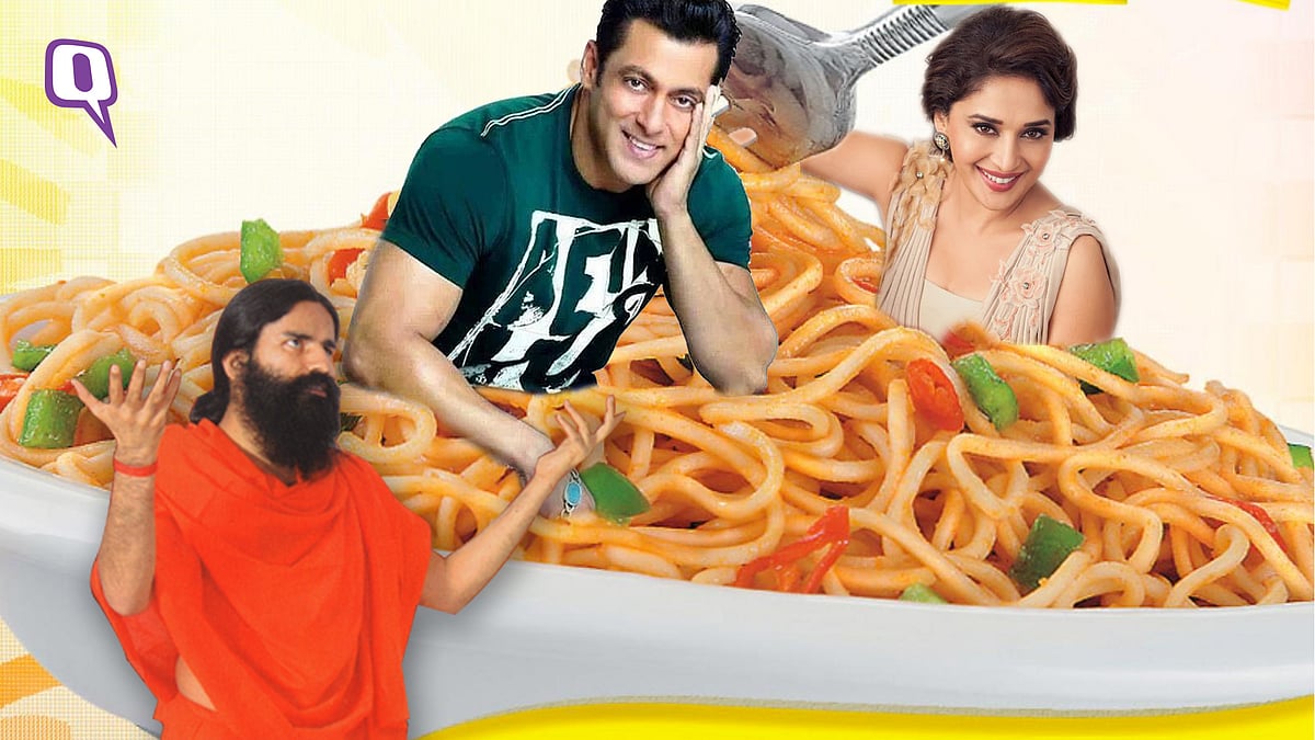 (L to R) Baba Ramdev, Salman Khan and Madhuri Dixit’s soupy reaction to the return of Maggi. (Photo illustration: Aaqib Raza Khan/<b>The Quint</b>)