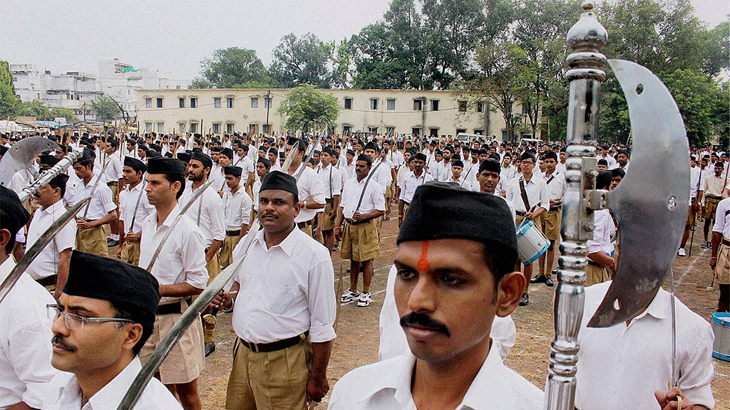 Rashtriya Swayamsevak Sangh (RSS) volunteers during foundation day celebrations and Dussehra festival in Bhopal. (Photo: PTI)