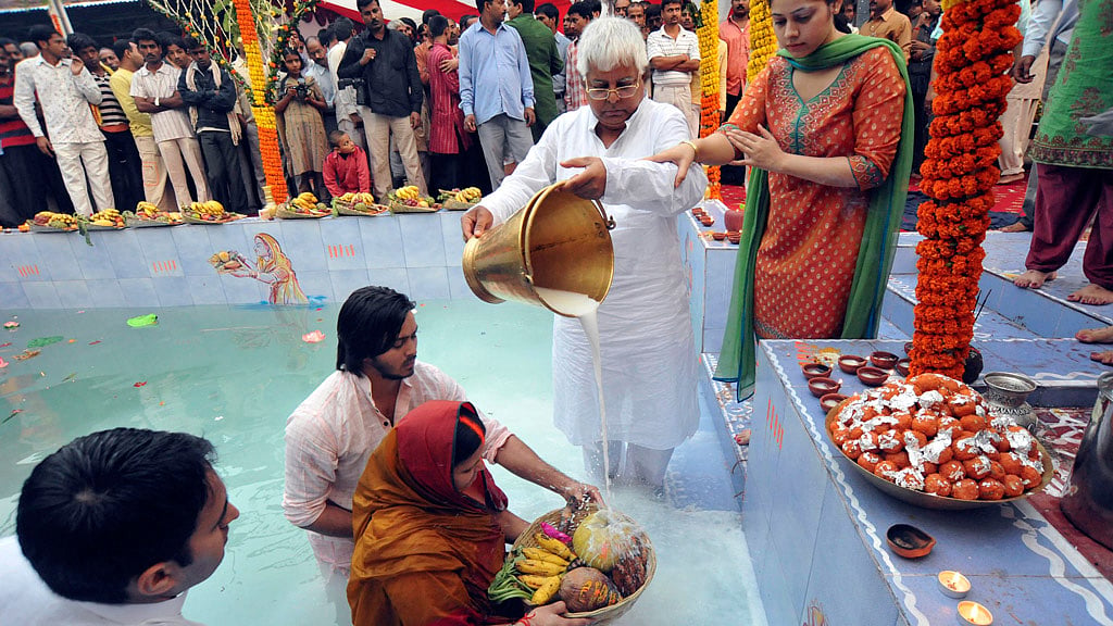 Rabri Devi celebrating Chhath Puja at her residence in Patna. (Photo: Reuters)