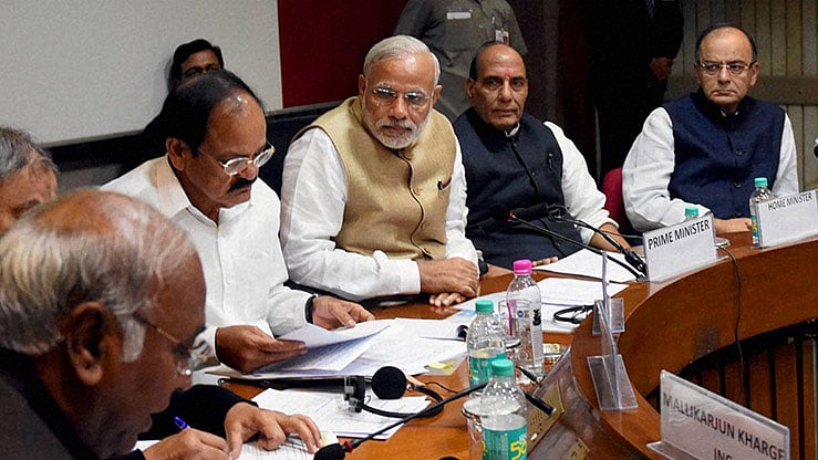 Prime Minister Narendra Modi, Home Minister Rajnath Singh, Union Finance Minister Arun Jaitley, Parliamentary Affairs Minister M Venkaiah Naidu at a meeting a day before the Parliament’s winter session at Parliament House, New Delhi. (Photo: PTI)