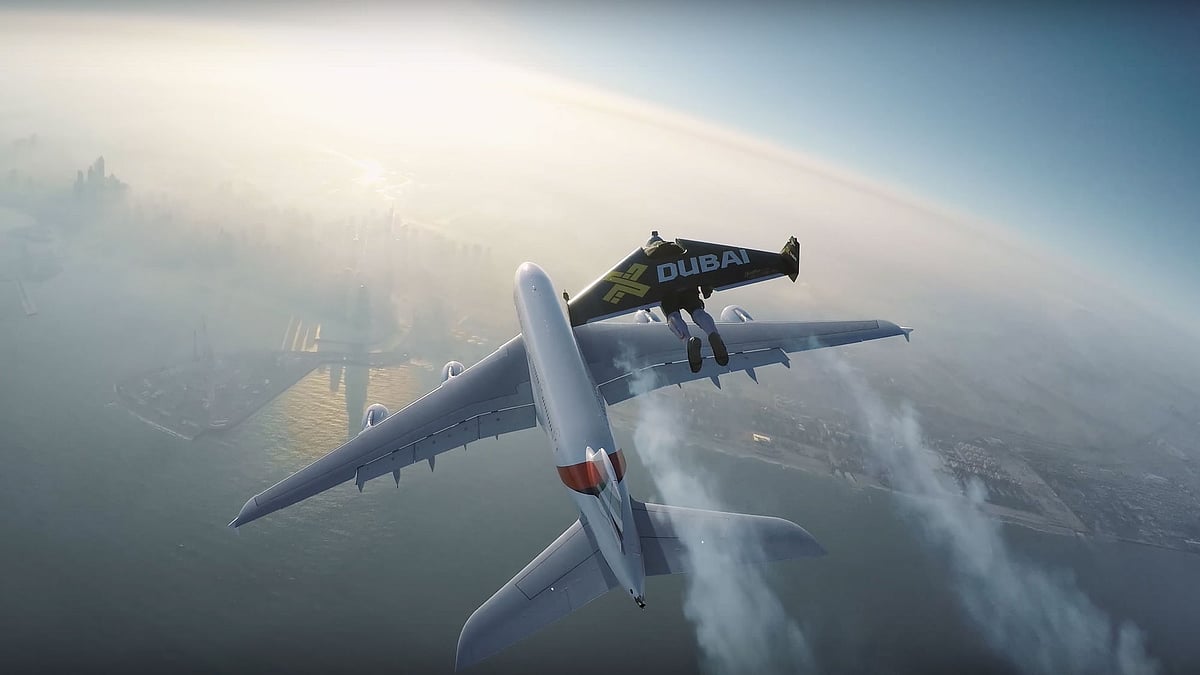 Swiss daredevil Yves Rossy flys past an Airbus A380. (Photo: <a href="https://www.youtube.com/channel/UClujD4c9eraF2bcPpcVqkPQ">XDubai</a>)