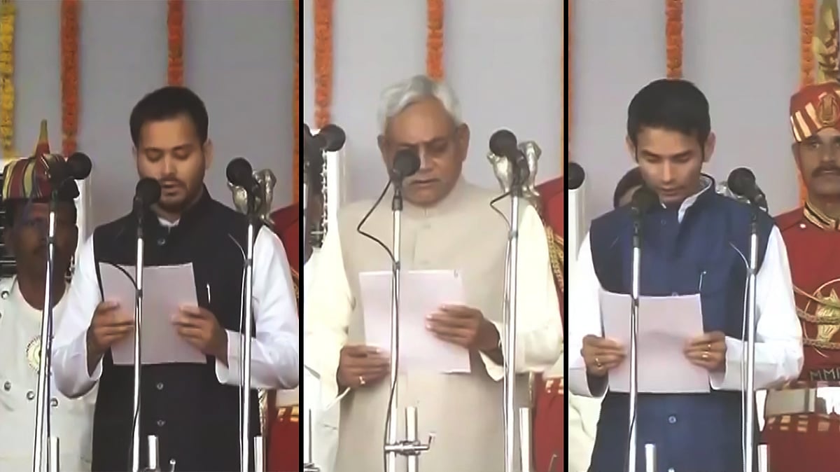 (From Left) Lalu Prasad Yadav’s younger son, Tejaswi Yadav, Chief Minister Nitish Kumar, elder son, Tej Pratap Yadav at the swearing-in ceremony at Gandhi Maidan, Patna. (Photo Collage: <b>The Quint</b>) 