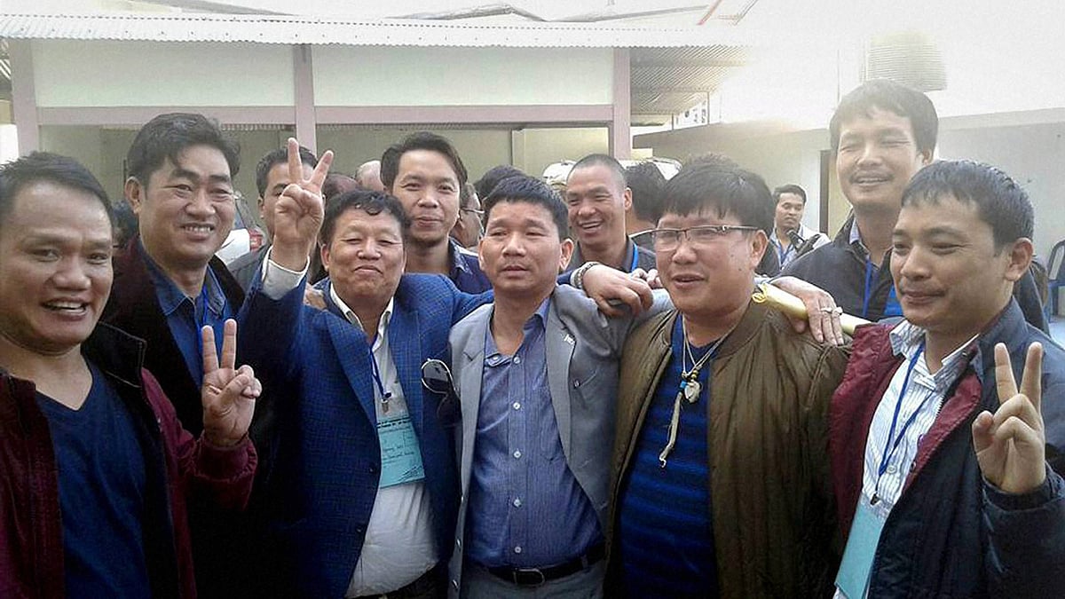 Rebel Congress MLA Kalikho Pul celebrates with supporters after he was elected “Chief Minister”. (Photo: PTI)