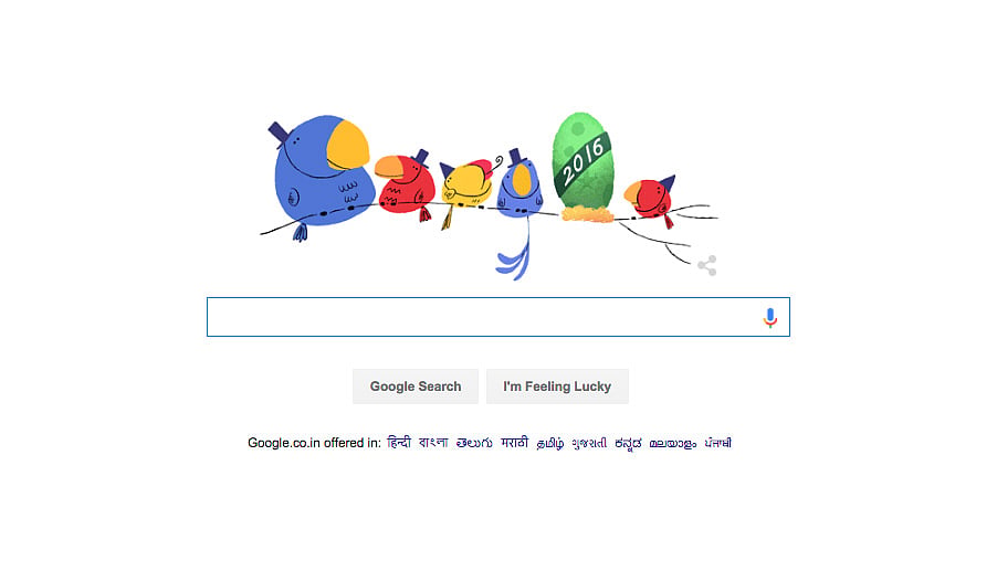 Google Doodle marks the arrival of a new year. (Photo courtesy: <a href="https://www.google.co.in/webhp?hl=en&ei=gJuEVtP7KsOZuQSy44S4DQ">Google.com</a>)