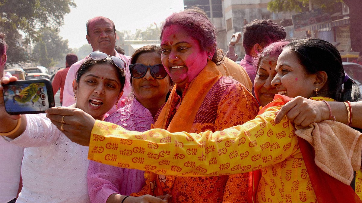 Candidates celebrate their victory in the Gujarat municipal polls. (Photo: PTI)