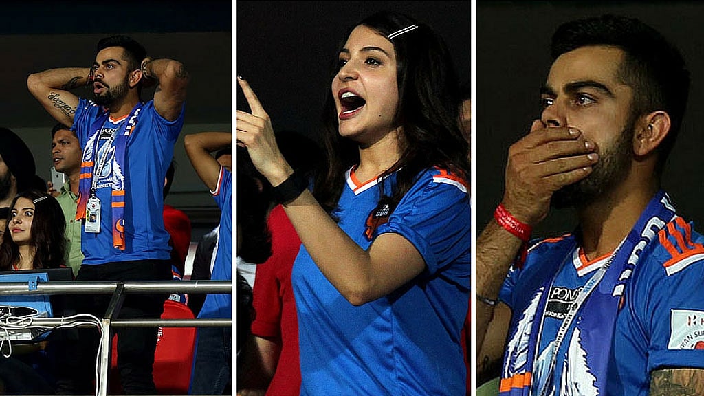 Virat Kohli and Anushka Sharma (centre) during the ISL final in Goa on Sunday. (Photo: SPORTZPICS/ISL)
