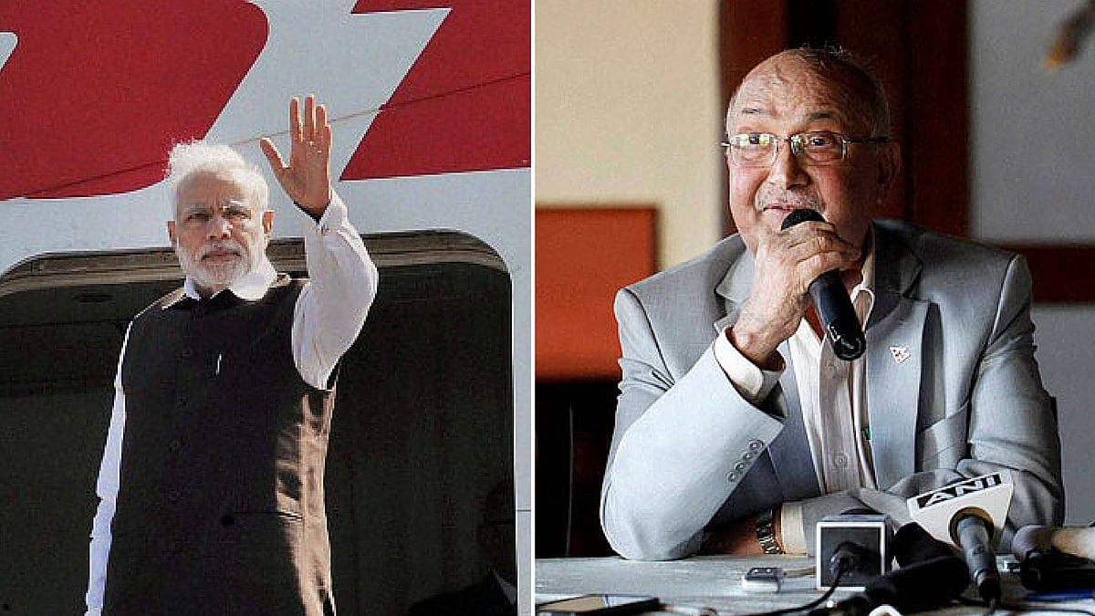 Indian Prime Minister Narendra Modi and his Nepal counterpart KP Sharma Oli. (Photo altered by The Quint)