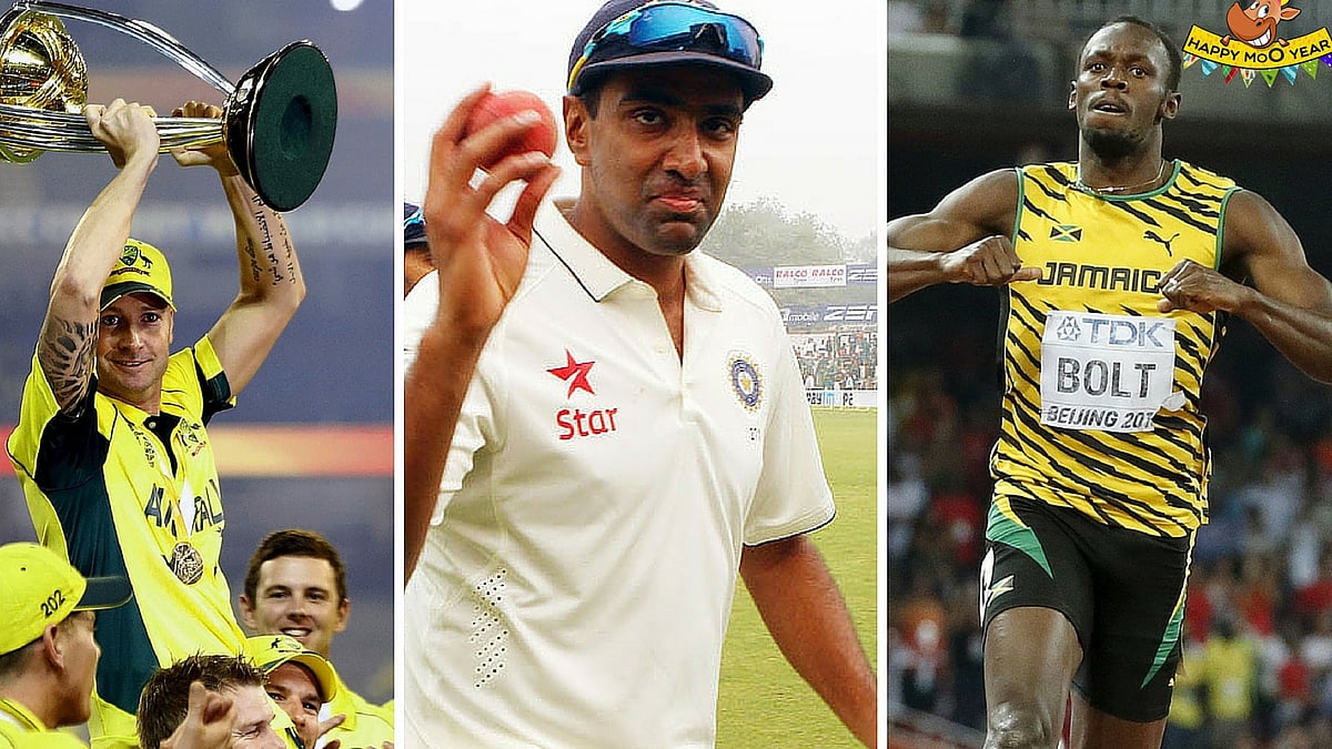 Michael Clarke (left), R Ashwin (centre) and Usain Bolt (right). (Photo: Reuters/Ron Gaunt / BCCI / SPORTZPICS)
