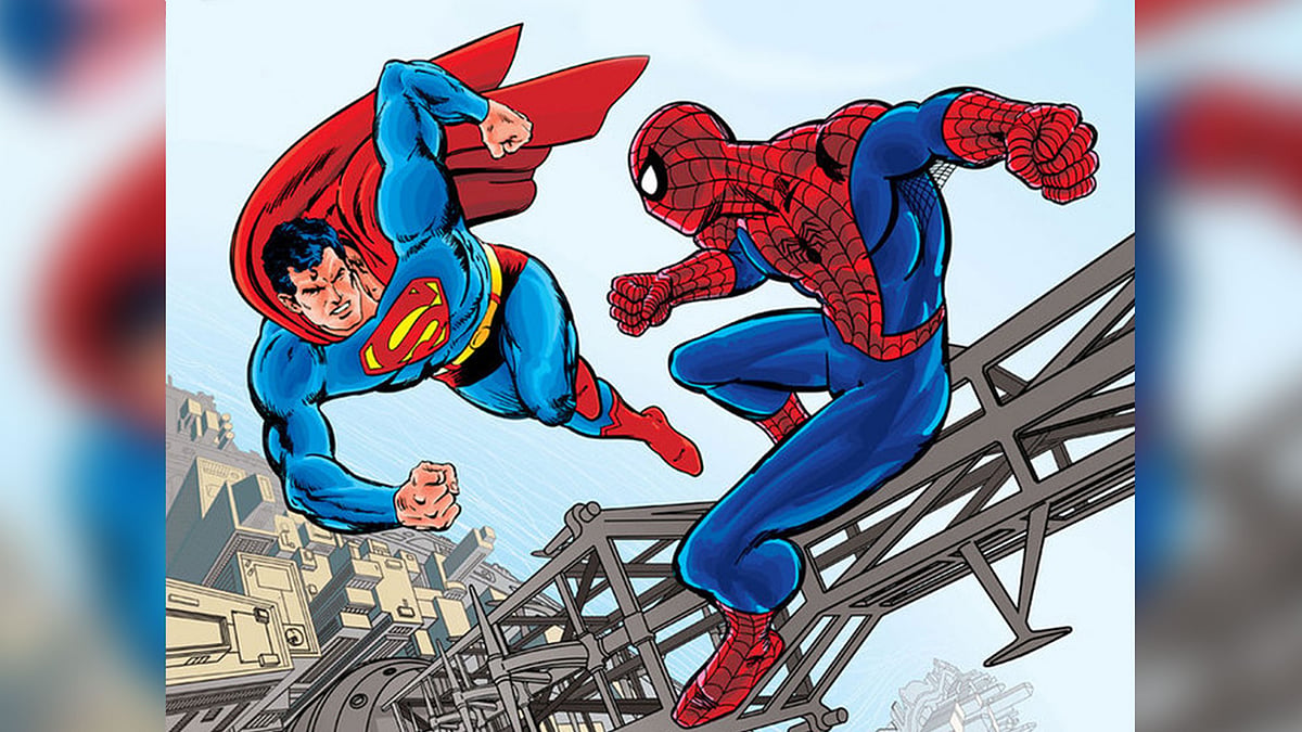 From the front cover of <i>Superman vs The Amazing Spider-Man: The Battle of the Century</i>, Marvel and DC Comics, 1976.