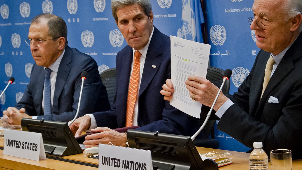 Syria Talks: UN Special Envoy for Syria Staffan de
Mistura, right, Russian Foreign Minister Sergey Lavrov, left, and US Secretary of State John Kerry. (Photo: AP)