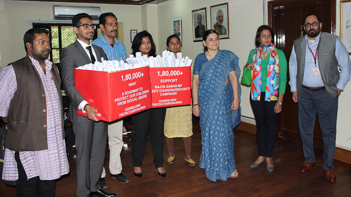 Maneka Gandhi with Rajya Sabha Member Rajeev Chandrasekhar and a delegation of the national coalition to protect children. (Photo: Rajeev Chandrasekhar)