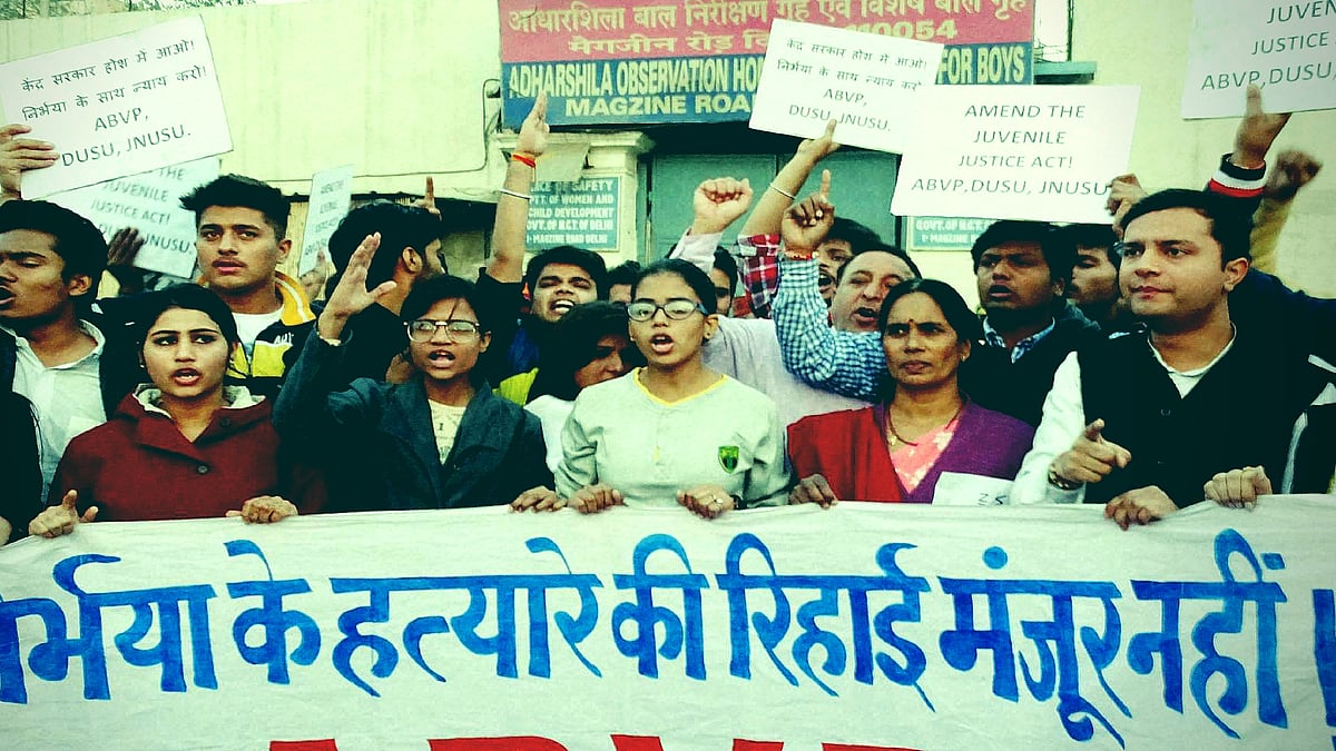 Nirbhaya Rape Case: Activists along with Nirbhaya’s mother (second from left) staging a protest against the release of juvenile delinquent in the Nirbhaya case, in New Delhi on Saturday.&nbsp;