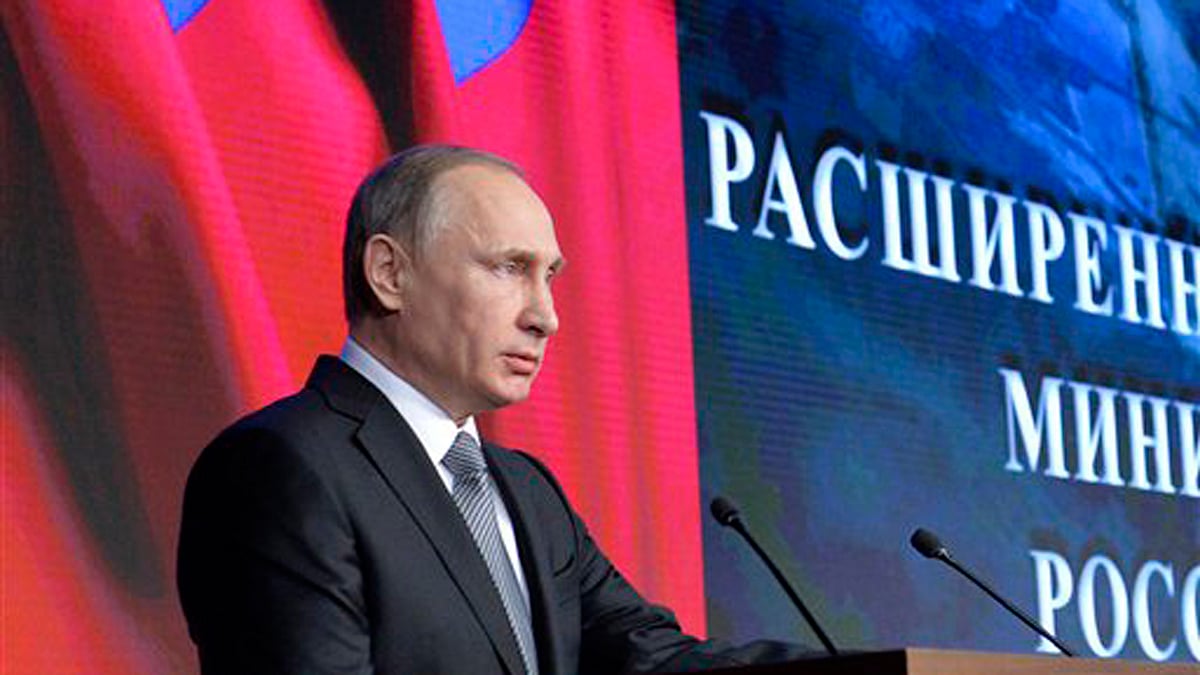 Russian President Vladimir Putin during his speech at a meeting with top military officials in Moscow. (Photo: AP)
