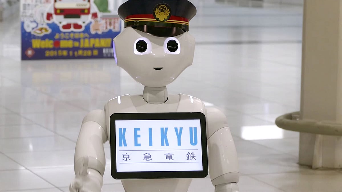 

<i>SoftBank</i>’s humanoid robot Pepper debuts as a new member of staff for the Keikyu Line at Tokyo airport. (Photo: AP screengrab)