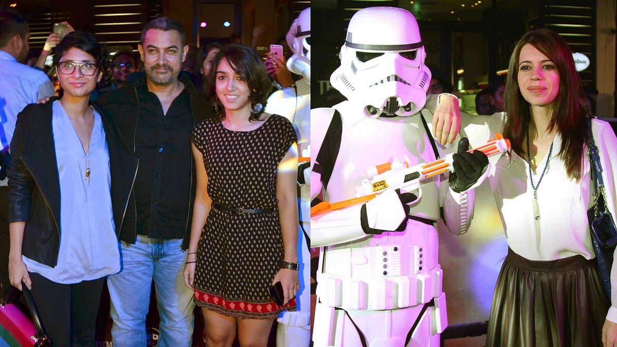 Aamir Khan with Kiran Rao and daughter Ira; Kalki Koechlin with a stormtrooper at the premiere of <i>Star Wars: The Force Awakens </i>in Mumbai (Photo: Yogen Shah)