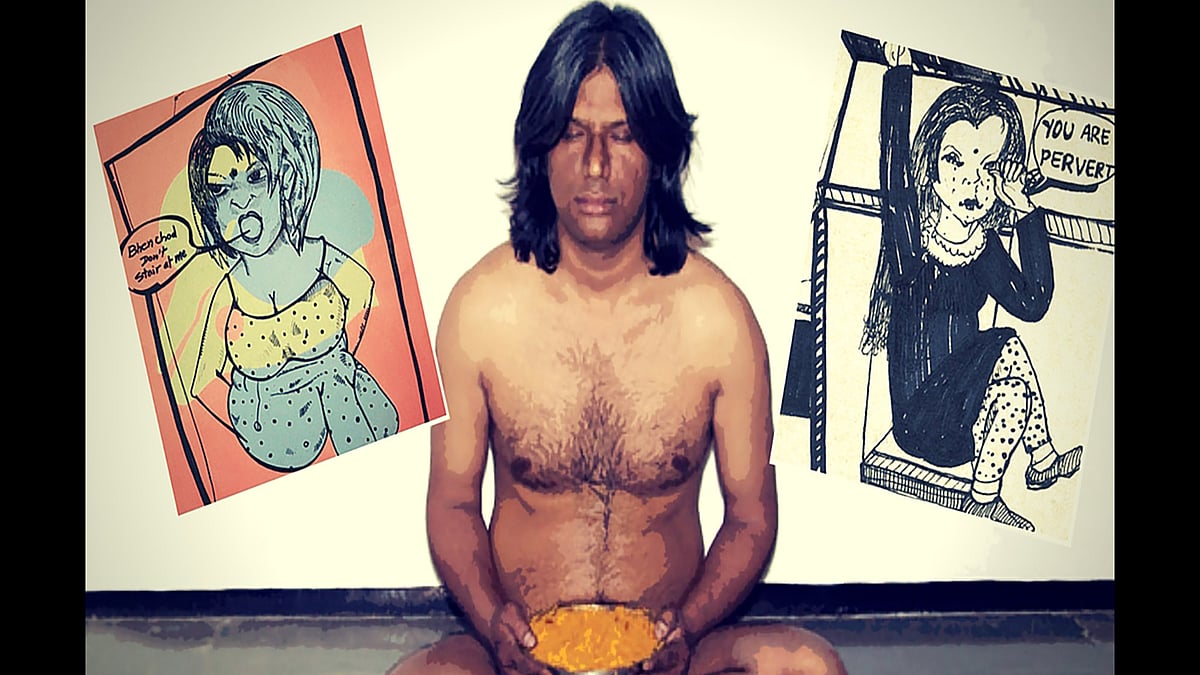 Chintan Upadhyay in the Baroda festival posing nude and his <i>Gandi Baat </i>paintings. (Photo: <b>The Quint</b>)