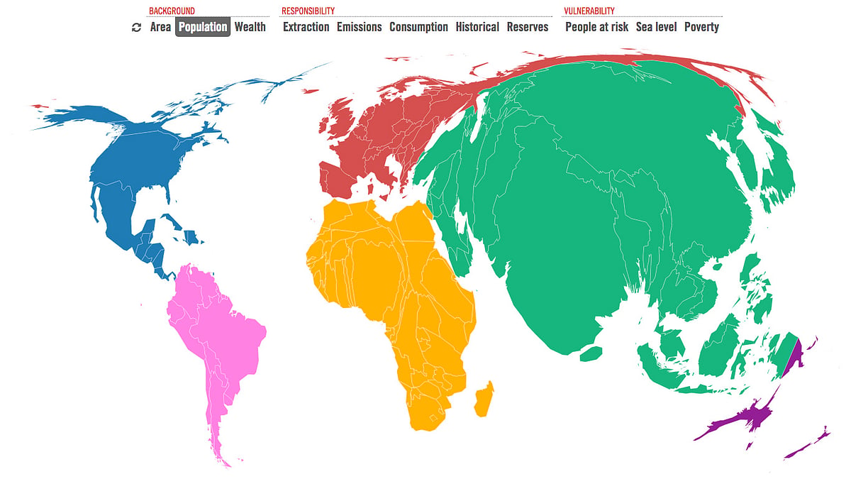 Carbon map visualisation of world population per continent. (Photo Courtesy: <a href="http://www.carbonmap.org/">The Carbon Map</a>)